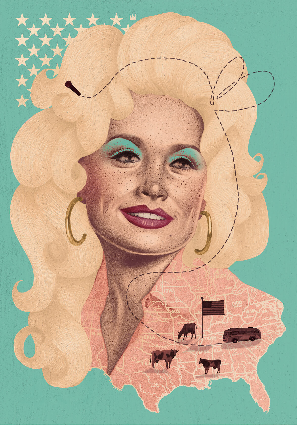 Portret Dolly Parton z flagą USA i krowami.