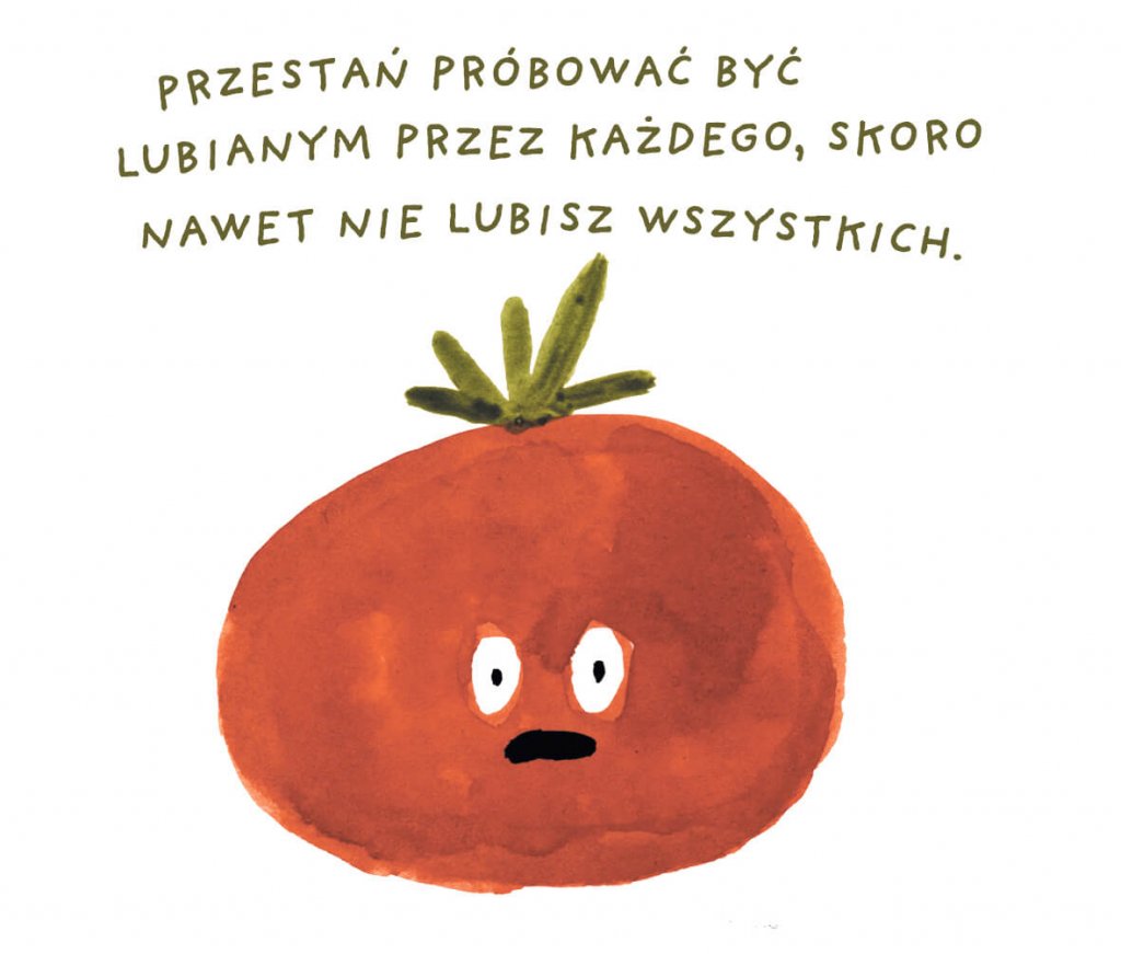 Żart rysunkowy z pomidorem.
