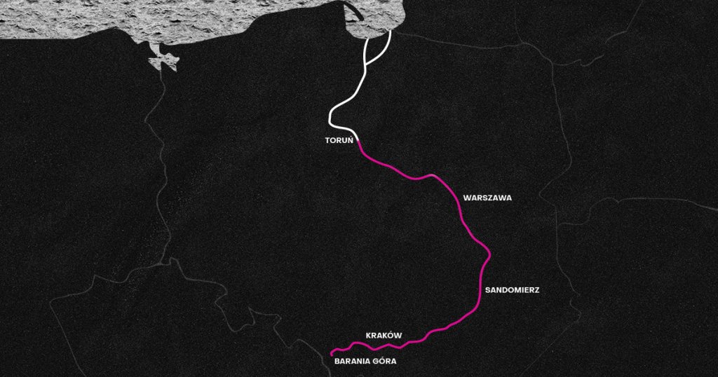 Mapa Polski z zaznaczeniem trasy biegu Małgosi Lebdy wzdłuż Wisły od źródła do Torunia.