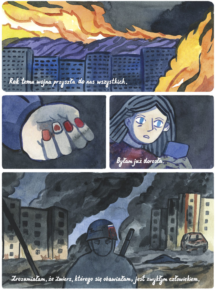 Komiks „Zwierz” autorstwa Eliny Pryohowej o agresji Rosji na Ukrainę.