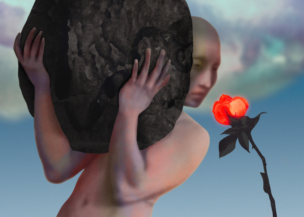 Ilustracja przedstawia humanoidalną istotę trzymającą ciężki głaz, a jednocześnie nachylającą się, aby powąchać pąk czerwonej róży.