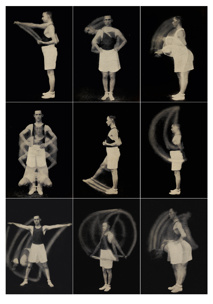 Ilustracja przedstawia dziewięć zdjęć, przedstawiających mężczyznę wykonującego różne pozycje gimnastyczne.