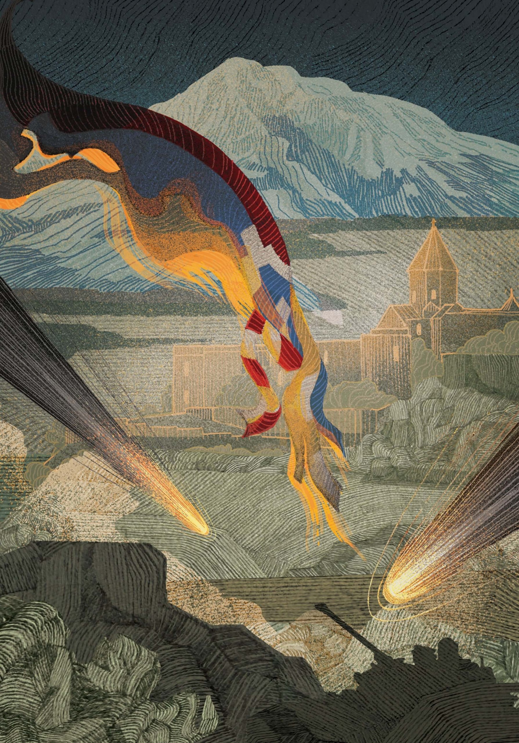 Ilustracja inspirowana tradycyjną grafiką przedstawia krajobraz z majestatyczną górą w tle, przypominającą Ararat, najwyższą górę Turcji. W dolnej części ilustracji widać eksplozje i spadające meteory, które rozświetlają ziemię. Po prawej stronie znajduje się zarys kościoła o charakterystycznej architekturze, symbolizującej dziedzictwo kulturowe Armenii. Całość tworzy dramatyczną, niemal apokaliptyczną scenę, łączącą historię, mitologię i nowoczesne interpretacje sztuki.