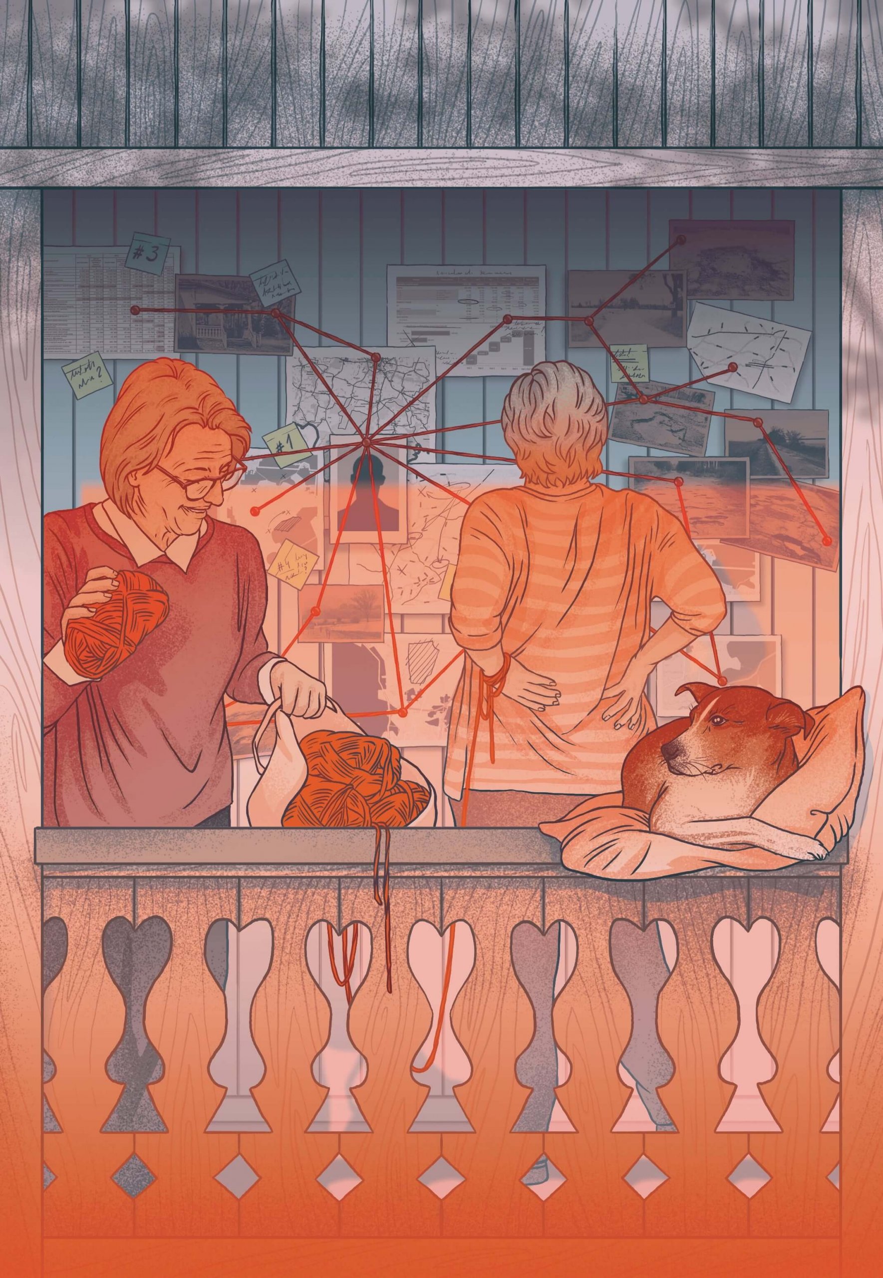 Ilustracja przedstawia dwie starsze kobiety na werandzie drewnianego domu, zajęte rozwikłaniem zagadki. Jedna z nich stoi tyłem, patrząc na tablicę pełną map, zdjęć i notatek połączonych czerwonym sznurkiem, tworząc siatkę powiązań. Druga, uśmiechnięta, trzyma kłębek czerwonej włóczki, jakby rozwijając kolejną nitkę śledztwa. Obok nich na poduszce leży pies, obserwując scenę.