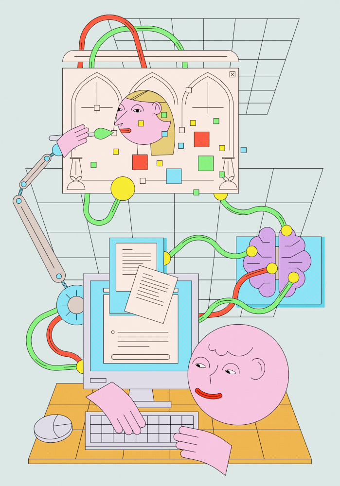 Kolorowa, futurystyczna ilustracja przedstawiająca interakcję człowieka ze sztuczną inteligencją. Na pierwszym planie znajduje się różowa postać o okrągłej głowie, siedząca przy komputerze i pisząca na klawiaturze. Monitor wyświetla dokumenty, a różne przewody łączą go z mózgiem oraz abstrakcyjną, unoszącą się strukturą przypominającą gotyckie okno, w którym znajduje się druga różowa twarz. Mechaniczne ramię i różnokolorowe kable symbolizują przepływ danych między człowiekiem a maszyną. Całość utrzymana jest w pastelowej, technologicznej estetyce.