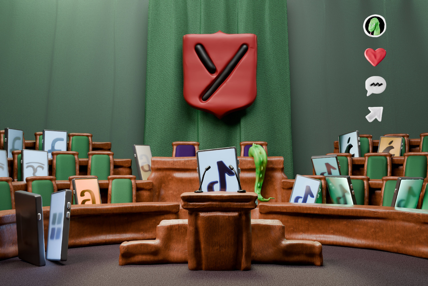 Ilustracja w stylu 3D przedstawia salę przypominającą parlament lub sejm, ale zamiast ludzi na miejscach siedzą pionowo ustawione smartfony. Ekrany telefonów wyświetlają różne symbole – litery, znaki, emotikony. Na środku, za drewnianą mównicą z mikrofonami, stoi największy telefon z ikoną nutki. Obok niego widoczna jest zielona postać przypominająca gada lub smoka. Na tle zielonej zasłony wisi czerwony herb z czarnym symbolem przypominającym literę „Y”. Po prawej stronie unoszą się symbole z komunikatorów – awatar gada, czerwone serce, dymek z tekstem i strzałka.