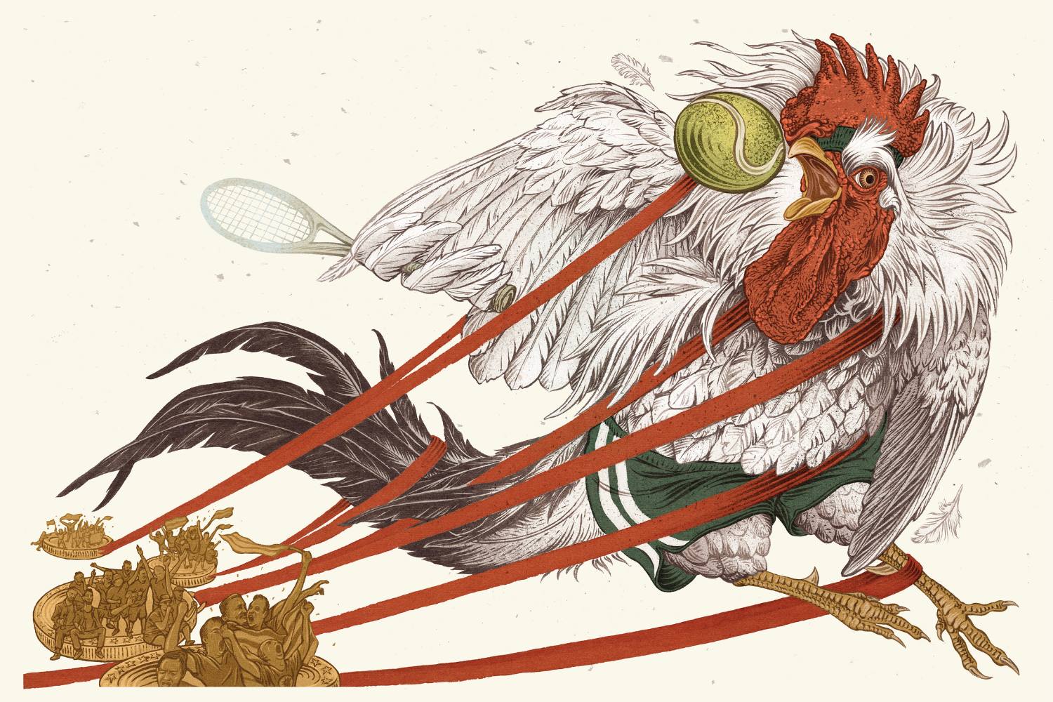 Szczegółowa ilustracja przedstawia koguta w nietypowej sytuacji sportowej. Ptak jest ubrany w zielone szorty sportowe i właśnie został trafiony w głowę lecącą piłką tenisową. Przez jego ciało i przestrzeń kadru przechodzą dynamiczne czerwone linie, przypominające ślady po piłce lub wstęgi. Kogut ma rozpostarte skrzydła, zdumiony wyraz twarzy i uniesiony dziób. Kilka piór unosi się w powietrzu, podkreślając ruch i zaskoczenie. Tło jest jasne i neutralne.