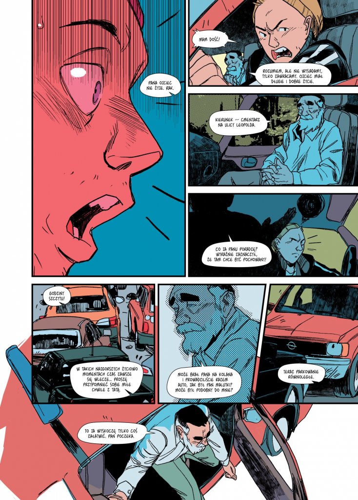 Plansza komiksu Lekcja jazdy. Kursantka krzyczy w stronę instruktora: ‘Mam dość!’. Jej twarz jest ukazana w dużym zbliżeniu, czerwona z gniewu. Mówi, że rozumie, iż nie wystarczy tylko kumulować, trzeba umieć też odpuścić i żyć dobrze. Instruktor, siedzący obok, wygląda na zaskoczonego i milczy. Dziewczyna prowadzi auto dalej, zirytowana pyta, co on próbuje osiągnąć i dlaczego ciągle wytyka jej błędy. Kolejne kadry pokazują czerwony samochód nauki jazdy w ruchu oraz instruktora, który sam do siebie przyznaje, że też chciałby móc ‘odpuścić’, ale nie potrafi. Na ostatnim kadrze wysiada z auta, otwierając gwałtownie drzwi, podczas gdy dziewczyna nadal siedzi za kierownicą.