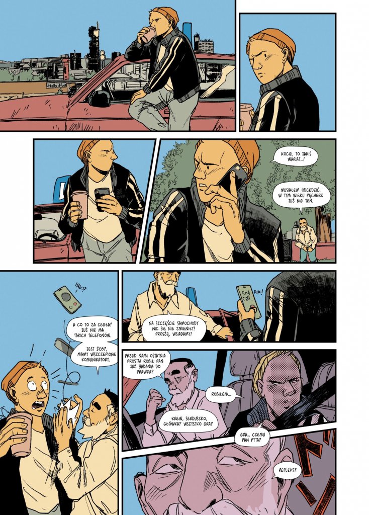 Ostatnia plansza komiksu Lekcja jazdy. Dziewczyna stoi oparta o czerwony samochód nauki jazdy i rozmawia przez telefon, wygląda na zmęczoną. W myślach powtarza, że musiała odejść, bo tak dłużej się nie dało. Nagle instruktor, którego wcześniej zostawiła, podchodzi z zaskoczenia i chwyta jej telefon, wyrzucając go w powietrze. Dziewczyna jest w szoku. Instruktor mówi, że na szczęście samochód jeszcze działa, więc mogą kontynuować lekcję. W kolejnym kadrze siedzą znów w aucie – dziewczyna z rezygnacją patrzy przed siebie, a instruktor z ironicznym uśmiechem stwierdza, że to będzie ich ostatnia jazda przed egzaminem. Komiks kończy się zbliżeniem na twarz instruktora, który pyta: ‘Refleks?’.