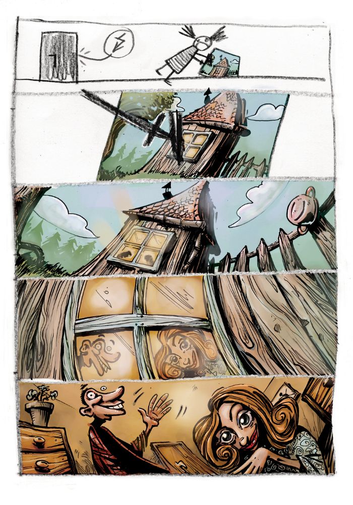 Kolorowa plansza komiksowa, składająca się z pięciu poziomych kadrów. 1. Kadr pierwszy (czarno-biały): dziewczynka z kitkami wychodzi przez drzwi, trzymając w rękach rysunek przedstawiający dom. 2. Kadr drugi: bajkowy, przekrzywiony domek wśród zieleni, z daszkiem i oknem; dom zdaje się ożywać. 3. Kadr trzeci: zbliżenie na cały domek – widoczna krzywa architektura i ogrodzenie, w tle las i niebo z chmurami. 4. Kadr czwarty: zbliżenie na zakrzywione okno, w którym widać uśmiechniętą dziewczynkę i starszą kobietę wyglądające na zewnątrz. 5. Kadr piąty: wewnątrz domu – starsza kobieta z rudymi włosami i dziewczynka siedzą razem przy stole, kobieta uśmiechnięta, podnosi rękę w geście powitania lub rozmowy.