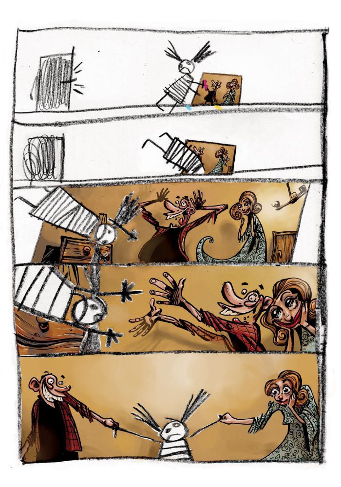 Plansza komiksowa z sześcioma kadrami, łącząca czarno-białą kreskę z kolorową ilustracją. 1. Kadr 1 (czarno-biały): dziewczynka z kitkami wychodzi przez drzwi, trzymając rysunek przedstawiający starsze osoby. 2. Kadr 2: widok od tyłu – dziewczynka zbliża się do domku, niosąc obrazek. 3. Kadr 3: dziewczynka wbiega do kolorowego wnętrza, starszy mężczyzna i kobieta w środku reagują zaskoczeniem i uniesionymi rękami. 4. Kadr 4: dziewczynka wskakuje z impetem, rozkłada ręce – starszy mężczyzna również wyciąga ręce w jej stronę, kobieta z uśmiechem obok. 5. Kadr 5: mężczyzna rozkłada ręce w szerokim, serdecznym geście. 6. Kadr 6: starsza kobieta uśmiechnięta, również wyciąga ręce – scena zapowiada ciepłe przyjęcie dziewczynki.