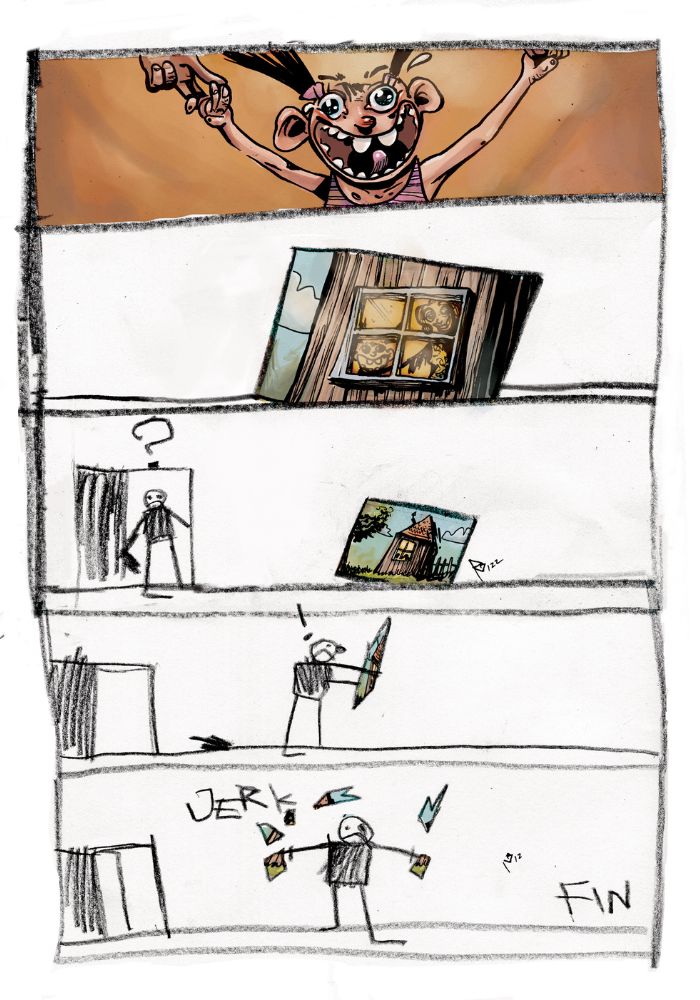 Plansza komiksowa składająca się z sześciu kadrów, w których miesza się kolor i czarno-biała kreska. 1. Kadr 1 (kolorowy): uśmiechnięta dziewczynka z kitkami unosi ręce w geście radości i triumfu. 2. Kadr 2: kolorowy rysunek domu z oknem, za którym widać twarze trzech uśmiechniętych osób. 3. Kadr 3 (czarno-biały): mężczyzna z wyrazem zaskoczenia (nad głową znak zapytania) patrzy na leżący rysunek kolorowego domku. 4. Kadr 4: mężczyzna podnosi rysunek, przygląda mu się z niepokojem. 5. Kadr 5: wściekły, krzyczy „JERK” i rozdziera obrazek na kawałki, z jego ust i rysunku wylatują zygzaki, wyrażające gniew. 6. Kadr 6: mężczyzna stoi z rozdartym rysunkiem w rękach – obok napis „FIN” oznaczający koniec historii.