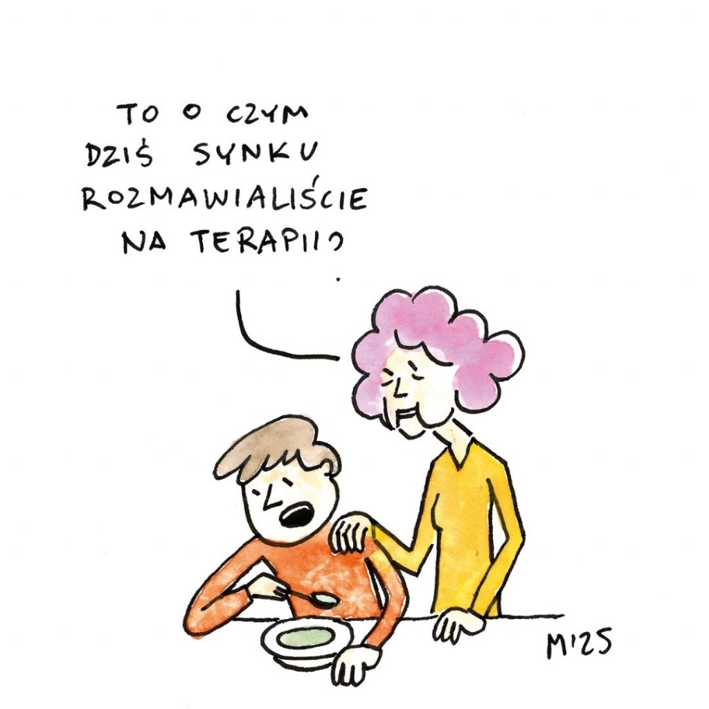 Rysunek: kobieta pyta chłopca siedzącego przy stole z talerzem, ‘To o czym dziś, synku, rozmawialiście na terapii?. 