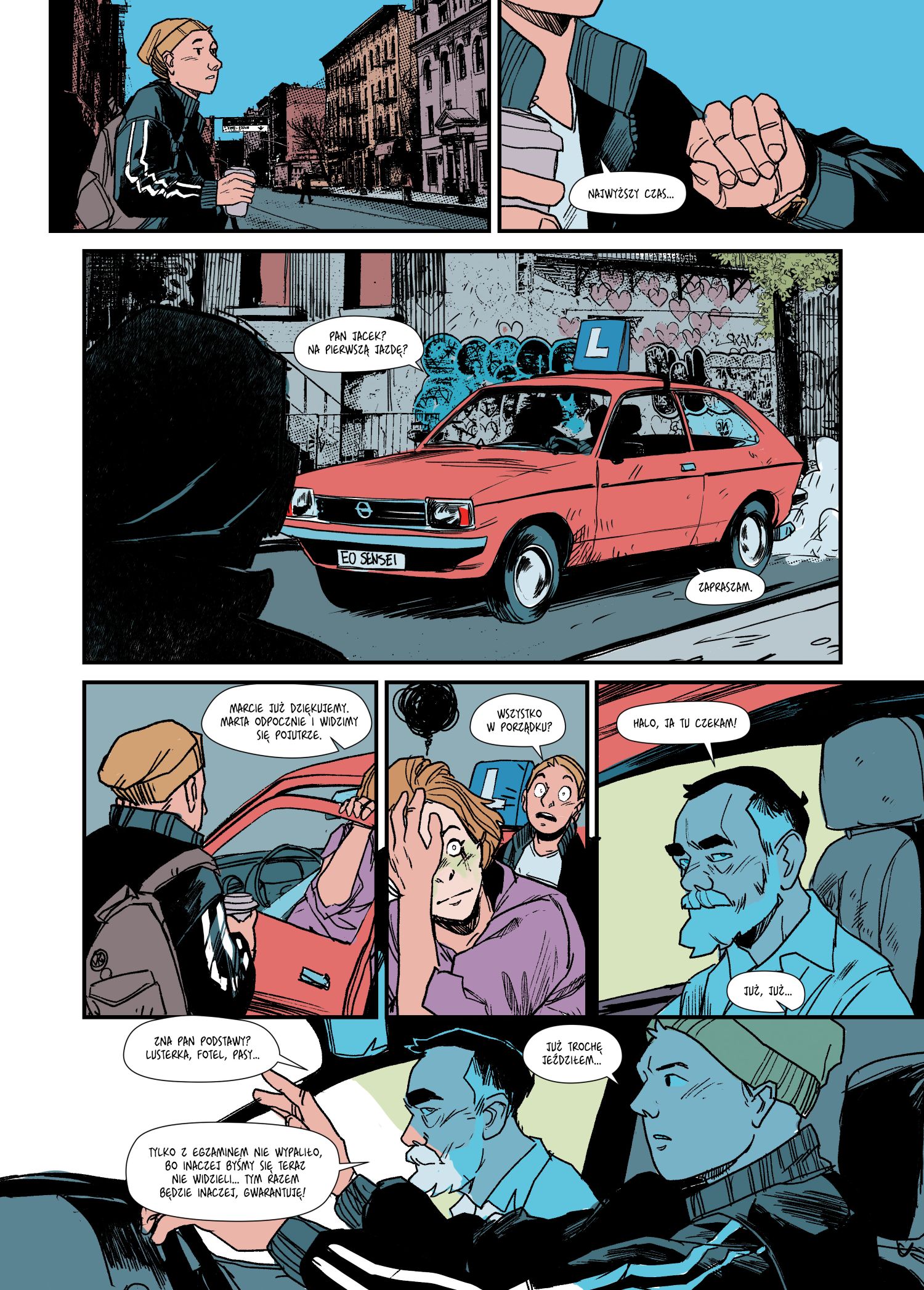 Plansza komiksowa zatytułowana Lekcja jazdy. Młoda kobieta spotyka się na ulicy z instruktorem nauki jazdy i wsiada do czerwonego samochodu z tablicą ‘L’. W kolejnych kadrach rozmawia z instruktorem, który udziela jej wskazówek dotyczących prowadzenia auta.