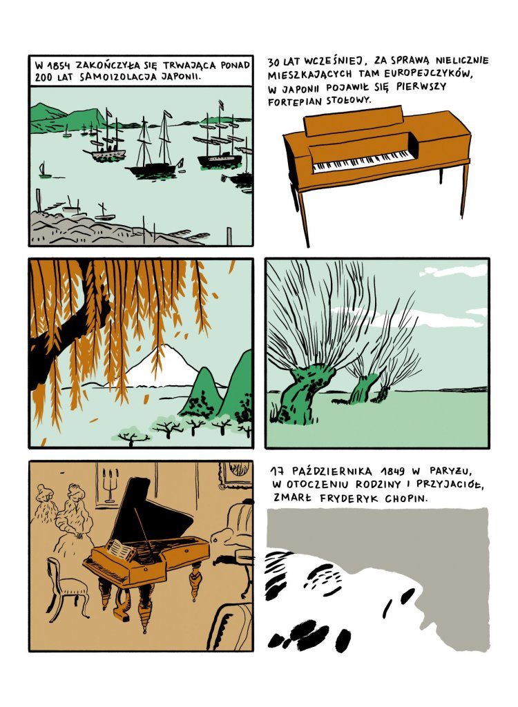Komiks Wierzby przedstawia historię o tym, jak Japończycy pokochali muzykę Fryderyka Chopina. W Japonii kończy się izolacja, statki płyną do zatoki. W Japonii pojawia się fortepian stołowy. Rozłożyste wierzby rosną nad wodą, pnie przypominają postacie ludzkie, gałęzie wiją się jak ramiona. Atmosfera tajemnicza i baśniowa. Fryderyk Chopin umiera w Paryżu.