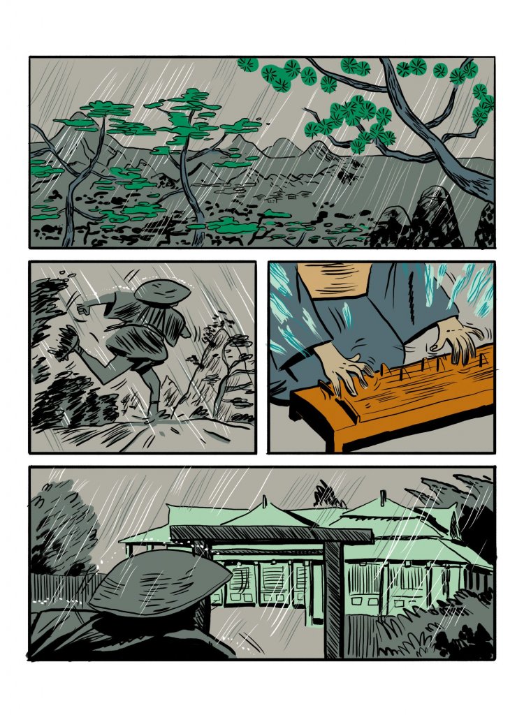 Komiks Wierzby przedstawia historię o tym, jak Japończycy pokochali muzykę Fryderyka Chopina. Przez deszczową Japonię biegnie człowiek do wielkiej willi, gdzie człowiek gra na ludowym instrumencie. Atmosfera jest tajemnicza, barwy zgaszone.