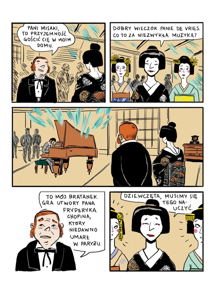 Komiks Wierzby przedstawia historię o tym, jak Japończycy pokochali muzykę Fryderyka Chopina. Pani Misaki dociera na wystawny bankiet wraz ze swoimi gejszami, gdzie muzyk siedzi przy fortepianie i gra muzykę zmarłego niedawno w Paryżu Fryderyka Chopina.