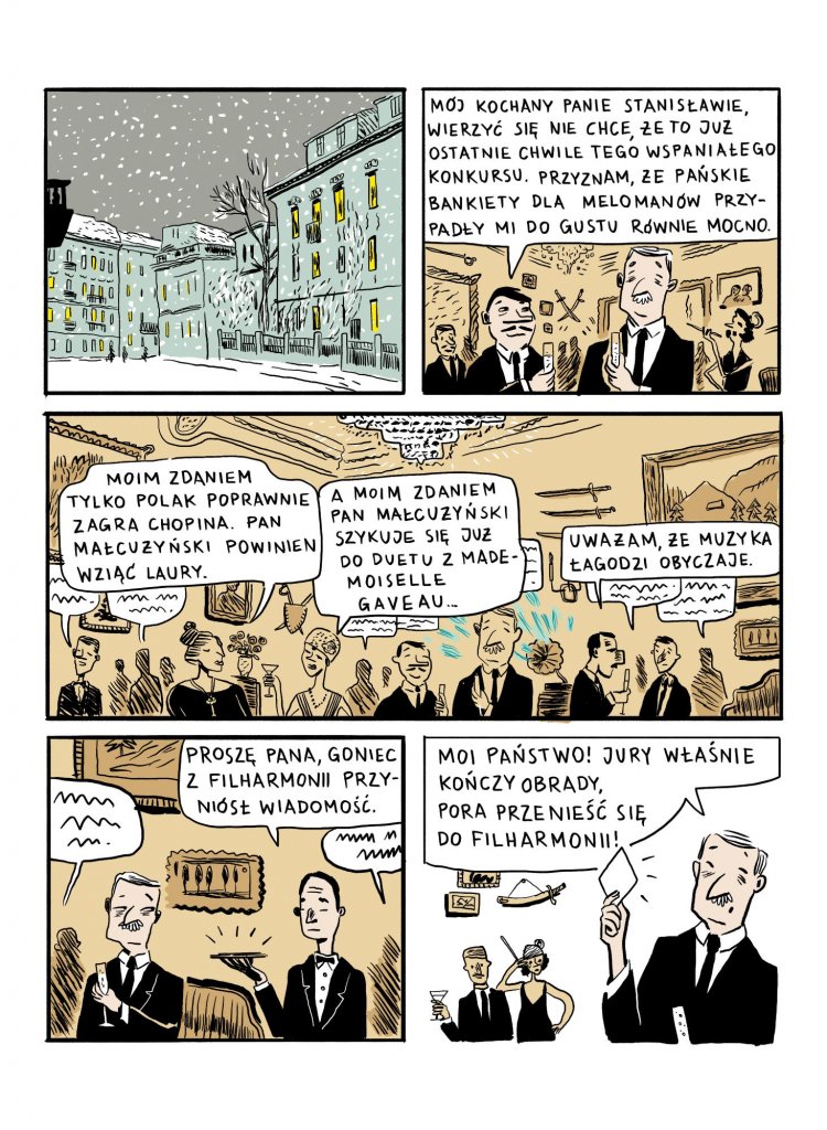Komiks Wierzby przedstawia historię o tym, jak Japończycy pokochali muzykę Fryderyka Chopina. Trwa bankiet, gdzie goście rozmawiają o muzyce Chopina, przychodzi goniec i przekazuje wieści o tym, kto wygrał III konkurs Chopinowski.