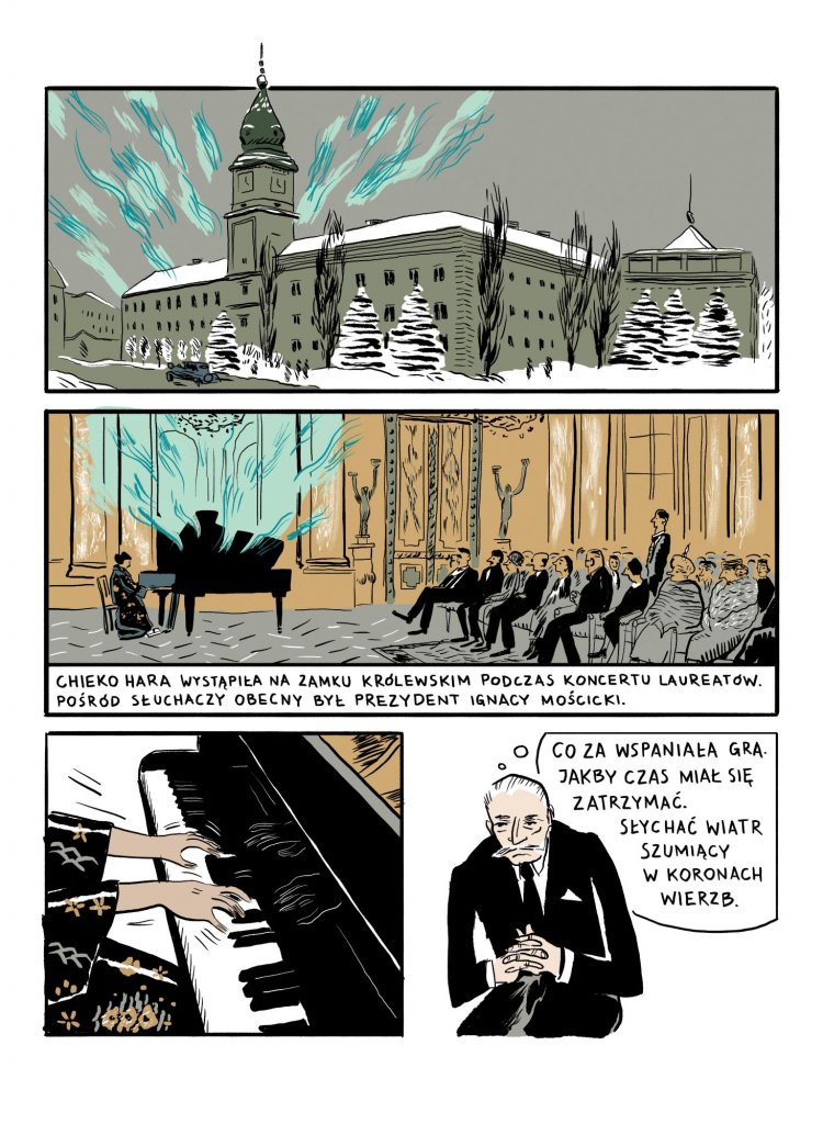 Komiks Wierzby przedstawia historię o tym, jak Japończycy pokochali muzykę Fryderyka Chopina. Chieko Hara gra muzykę Chopina na Zamku Królewskim w Warszawie podczas koncertu laureatów przed samym prezydentem Ignacym Mościckim, który zachwyca się jej występem.