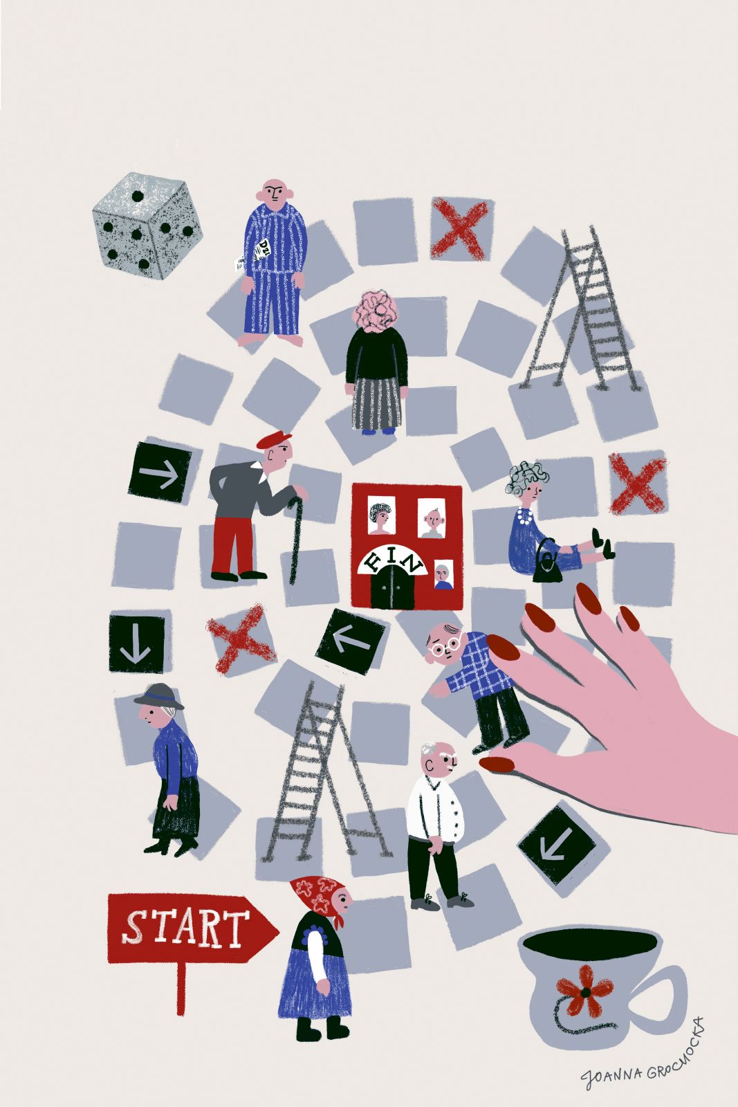 Ilustracja przedstawia postaci starszych ludzi, emerytów i rencistów na planszy do gry, metą jest ośrodek ZOL, osoba grająca w grę rzuca kostką, pije też kawę, ale żadna z osób-pionków na planszy nie jest w stanie dojść do mety.