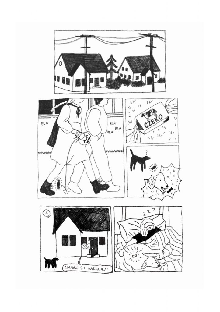Czarno-biały komiks przedstawiający dziewczynkę spacerującą z psem, który znajduje tabliczkę czekolady i zjada ją, po czym zasypia w łóżku.