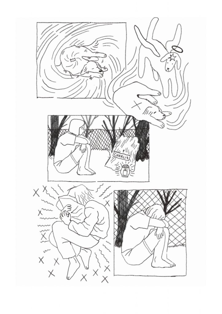 Plansza komiksu przedstawia śmierć psa i jego właścicielkę pogrążoną w żałobie.