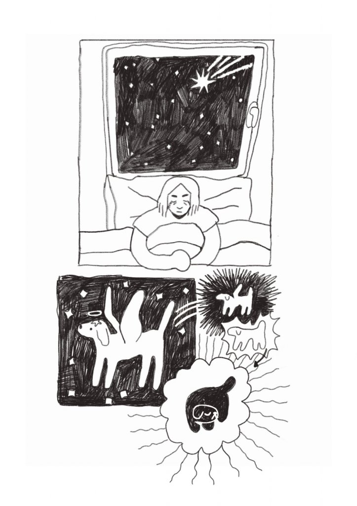 Plansza przedstawia dziewczynkę, która po śmierci psa patrzy w nocne niebo i śni o nim jako o gwieździe.
