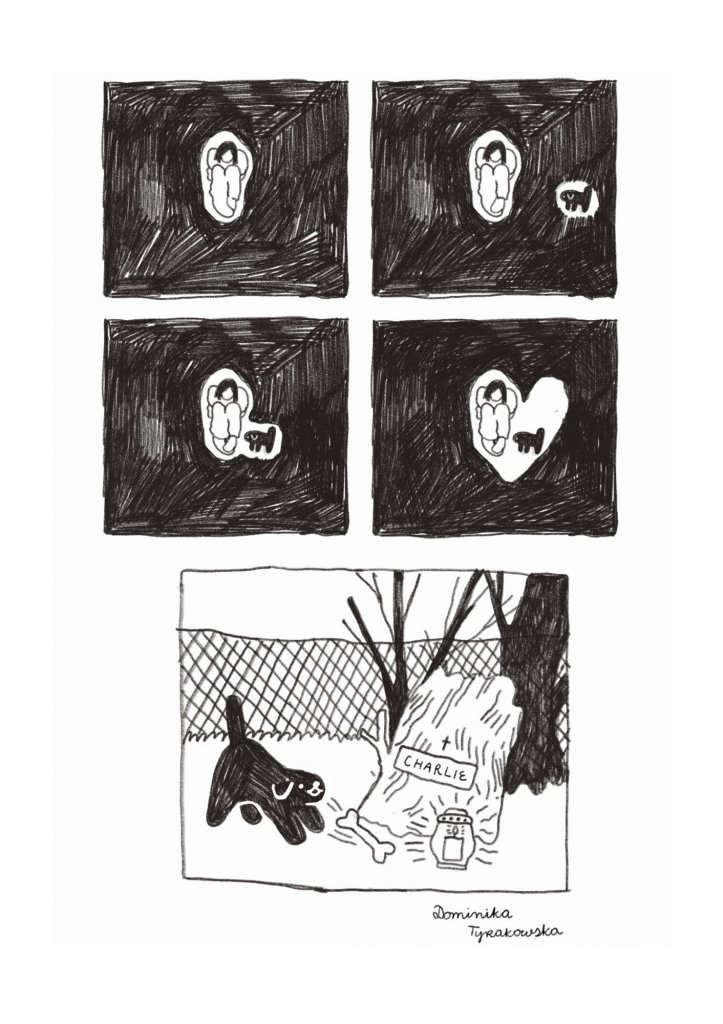 Plansza przedstawia dziewczynkę śpiącą z psem i symboliczne wspomnienie o nim po śmierci.