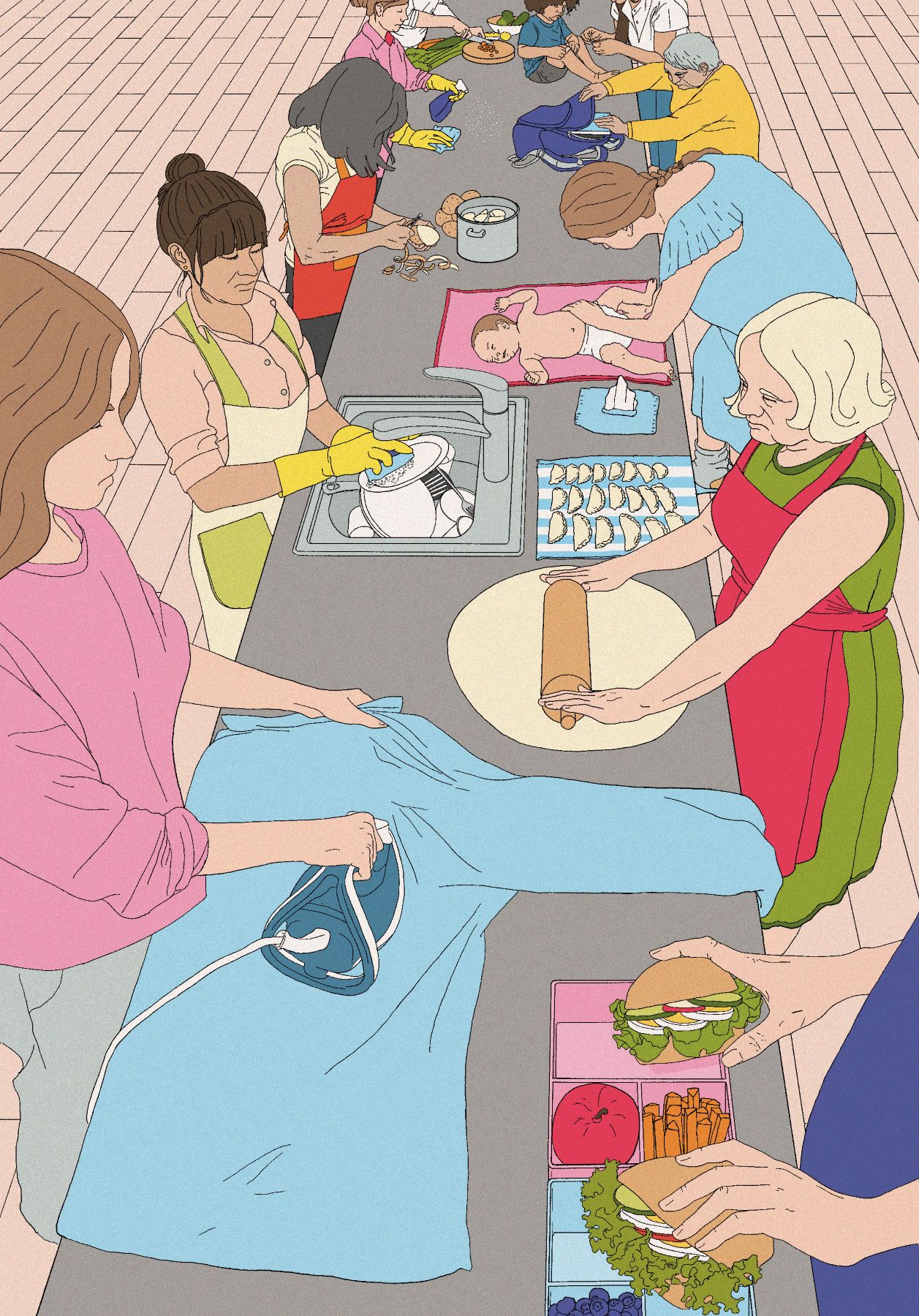Ilustracja przedstawia długi stół, przy którym wiele kobiet wykonuje różne prace domowe jednocześnie. Z przodu jedna kobieta prasuje koszulę, obok inna przygotowuje kanapki. Kolejna wałkuje ciasto na pierogi, a obok kobieta w zlewie myje naczynia. Dalej widać kobietę przewijającą niemowlę, osoby obierające warzywa, krojące produkty i sprzątające. Kompozycja przedstawia powtarzalność i mnogość obowiązków domowych wykonywanych równocześnie przez kobiety. Kolory są jasne i pastelowe, a styl ilustracji – szczegółowy i realistyczno-komiksowy.