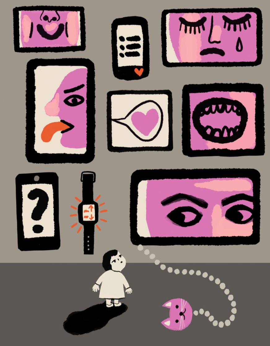 Ilustracja przedstawia małą dziewczynkę stojącą na ciemnym tle, patrzącą w górę na wiele ekranów zawieszonych nad nią. Na ekranach widoczne są różne emocjonalne obrazy: uśmiechnięta twarz, płacząca twarz, oczy wyrażające niepokój, wysunięty język, otwarte krzyczące usta, symbol serca w dymku oraz znak zapytania. Obok znajduje się smartwatch z migającymi ikonami, a na ziemi leży różowa zabawka–kotek na sznurku.