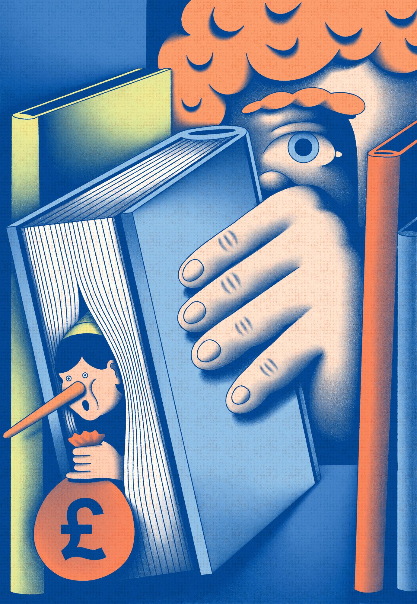 Ilustracja o symbolicznej, graficznej formie. Między pionowo ustawionymi książkami widać ukrytą postać z długim nosem, trzymającą monetę z symbolem funta. Zza książek wyłania się duża twarz z jednym widocznym okiem i dłonią przytrzymującą tom.