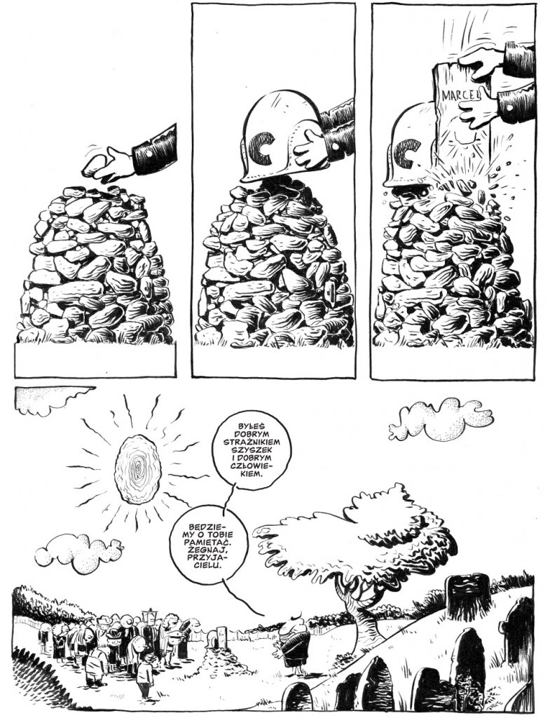 Plansza komiksowa z rysunkami Jakuba Babczyńskiego. Przedstawia postać Strażnika Szyszek w leśnym otoczeniu. Widoczne drzewa, roślinność oraz fragmenty archipelagu. Kadry ukazują bohatera poruszającego się po terenie.