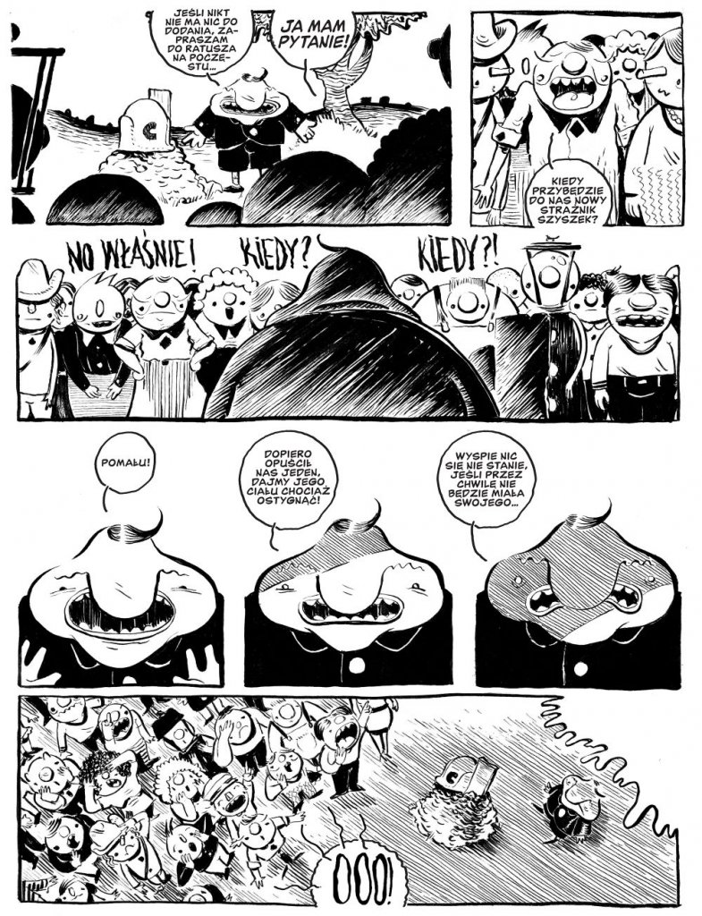 Plansza komiksowa z rysunkami Jakuba Babczyńskiego. Kilka kadrów pokazuje Strażnika Szyszek w interakcji z innymi postaciami. Widoczne sylwetki bohaterów oraz elementy krajobrazu wyspiarskiego.