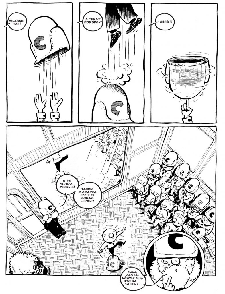 Plansza komiksowa z rysunkami Jakuba Babczyńskiego. Kadry przedstawiają postacie w ruchu oraz zmianę miejsca akcji. Ukazane są relacje przestrzenne między bohaterami i otoczeniem.