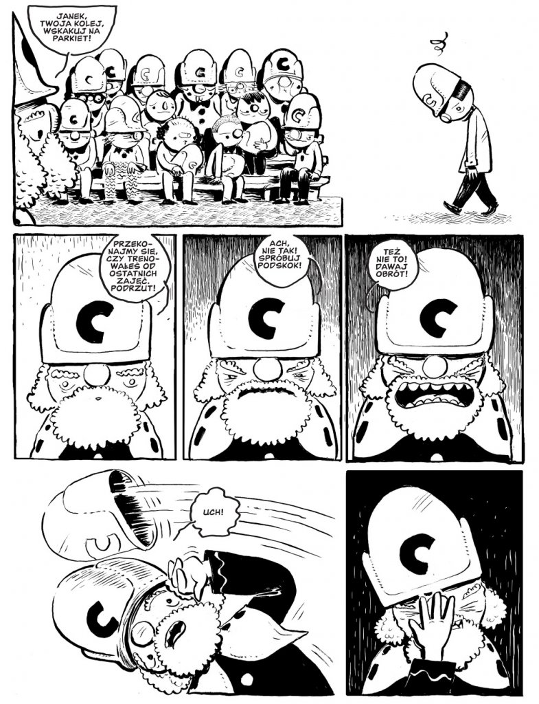 Plansza komiksowa z rysunkami Jakuba Babczyńskiego. Plansza zamykająca fragment komiksu. Widoczne postacie na tle krajobrazu, końcowe kadry porządkują przedstawione wydarzenia.