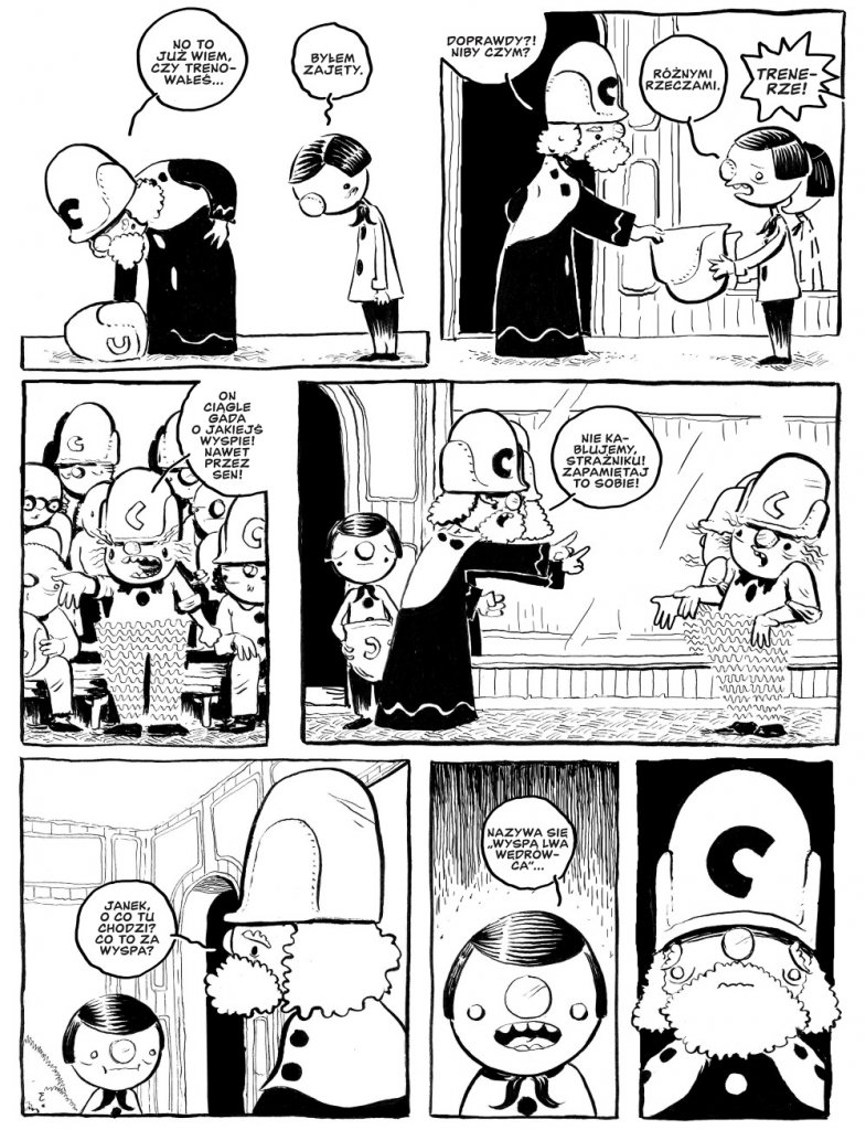 Plansza komiksowa z rysunkami Jakuba Babczyńskiego. Plansza zamykająca fragment komiksu. Widoczne postacie na tle krajobrazu, końcowe kadry porządkują przedstawione wydarzenia.