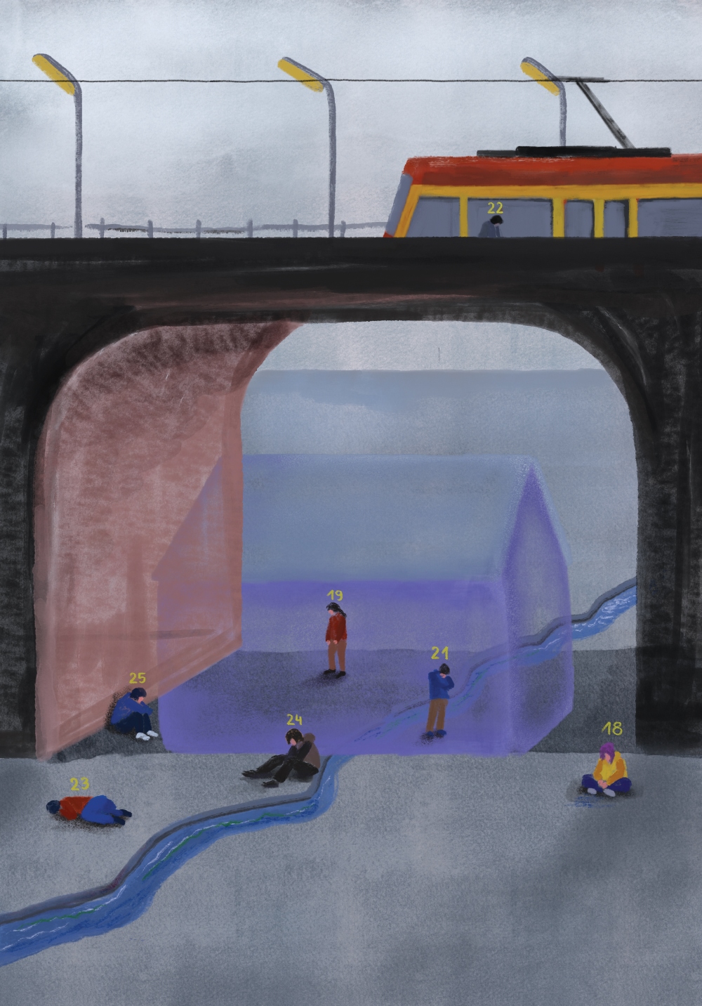 Ilustracja autorstwa Dominika Nawrockiego. Pod mostem znajduje się kilka osób siedzących lub stojących w rozproszonych miejscach. Przez środek sceny płynie wąski strumień wody. Nad nimi, na moście, przejeżdża tramwaj. Tło stanowią uproszczone bryły zabudowań i elementy infrastruktury miejskiej.