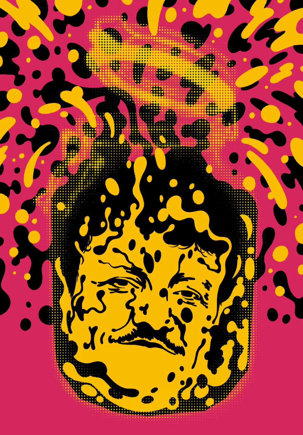 Grafika autorstwa Kamila Rekosza. Stylizowany portret mężczyzny, Pawła Skotnickiego, znanego z TikToka jako „doktor z TikToka”. Twarz przedstawiona w intensywnych barwach żółci, różu i czerni, z abstrakcyjnymi plamami i dynamicznym, dekoracyjnym tłem.