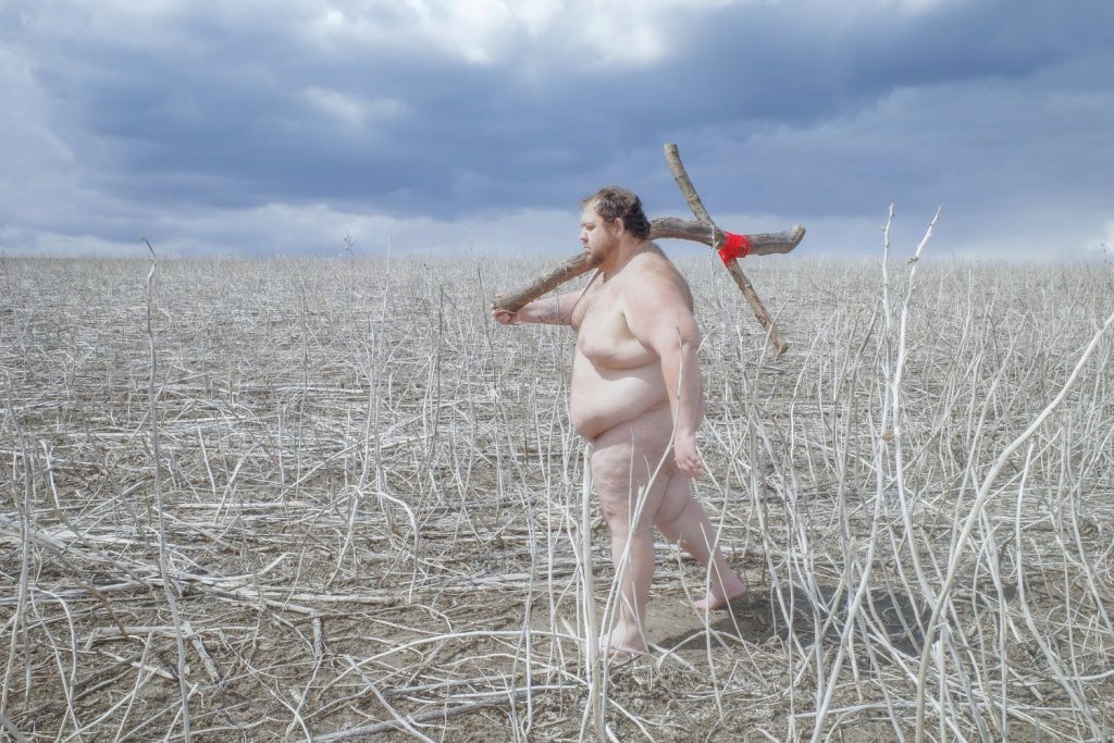 Fotografia artystyczna autorstwa Artema Humilevskiego. Zdjęcie przedstawia rozległe, puste pole pokryte suchymi łodygami roślin. Krajobraz jest zimowy lub późnojesienny. Nad polem rozciąga się ciężkie, pochmurne niebo. Fotografia utrzymana jest w chłodnych barwach i należy do cyklu „Korzenie”, poświęconego tożsamości i doświadczeniu wojny w Ukrainie..