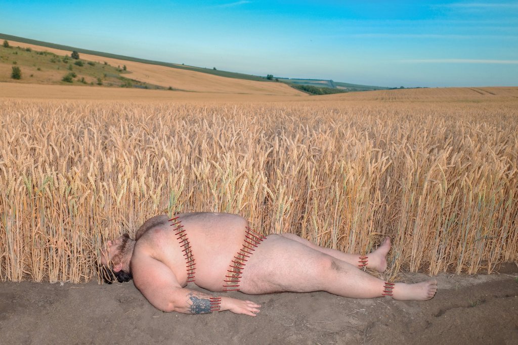 Fotografia autorstwa Artema Humilevskiego. Na pierwszym planie nagi mężczyzna leży na plecach na ziemi, tuż przed polem dojrzałej pszenicy. Jego ciało jest masywne, a przez tors i brzuch przebiegają czerwone szwy przypominające chirurgiczne zszycia. Mężczyzna ma widoczny tatuaż na dłoni. W tle rozciąga się rozległy krajobraz rolniczy: złote pola zbóż przechodzą w łagodne wzgórza pod jasnym, błękitnym niebem.