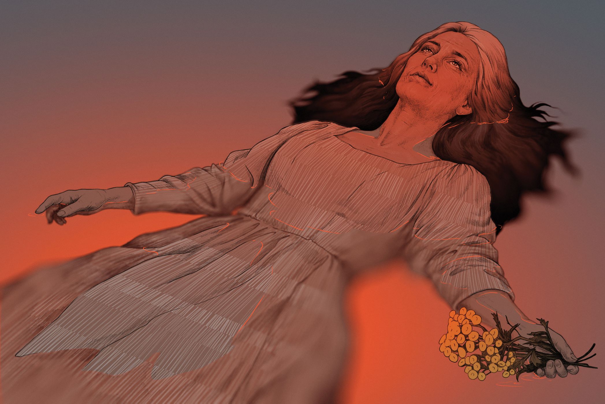 Ilustracja autorstwa Marty Róży Żak. Przedstawia kobietę w ujęciu z góry, leżącą na plecach. Jej twarz skierowana jest ku górze, oczy otwarte, spojrzenie uniesione. Długie włosy rozkładają się wokół głowy. Kobieta ubrana jest w jasną, luźną bluzkę z widoczną fakturą kreskowania.