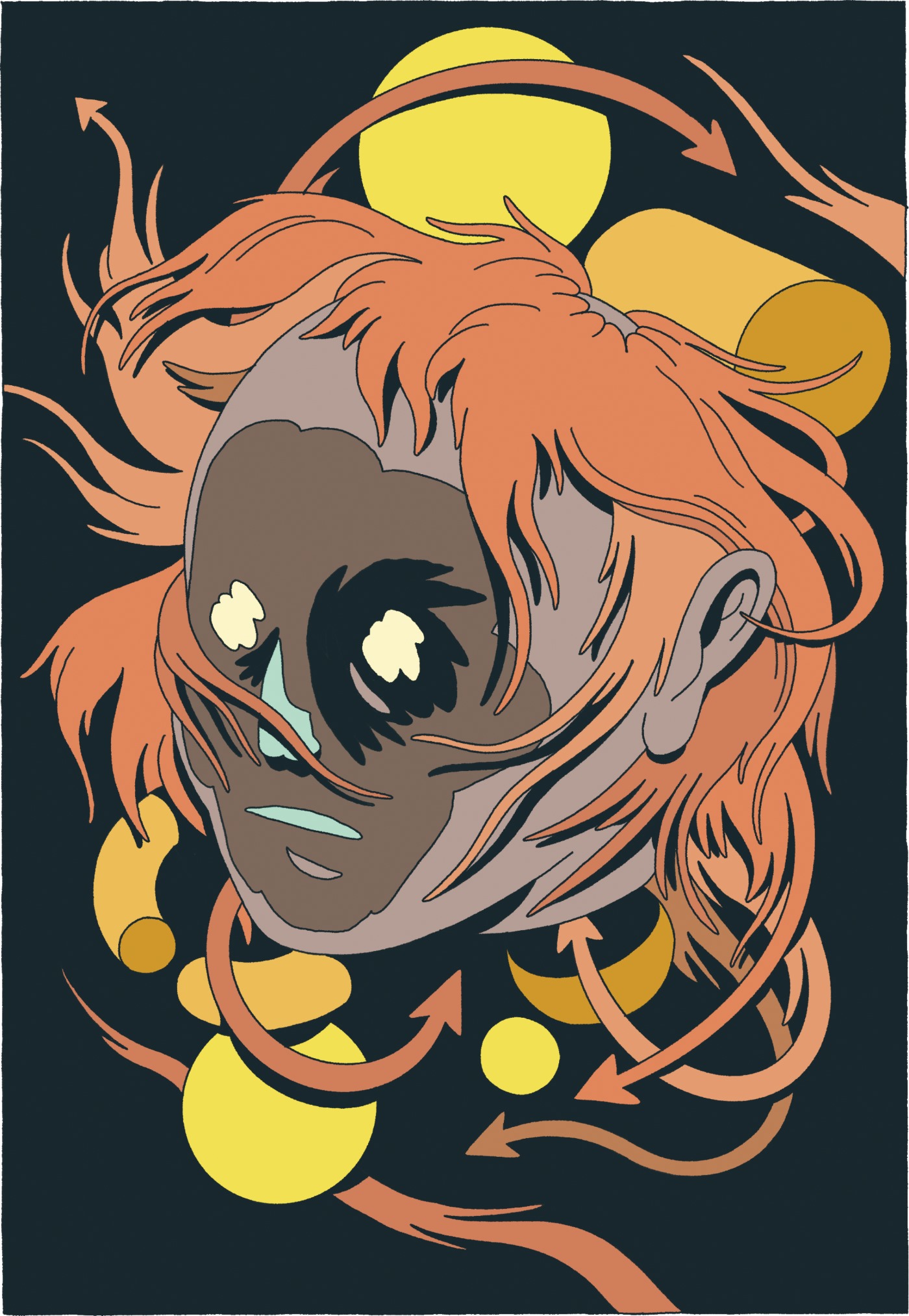 Ilustracja autorstwa Rafała Janko. Przedstawia stylizowaną twarz osoby z pomarańczowymi włosami. Jedno oko jest zasłonięte ciemną plamą o nieregularnym kształcie, drugie ma jasną źrenicę. Wokół szyi i głowy widoczne są żółte okręgi oraz pomarańczowe strzałki tworzące dynamiczny układ.