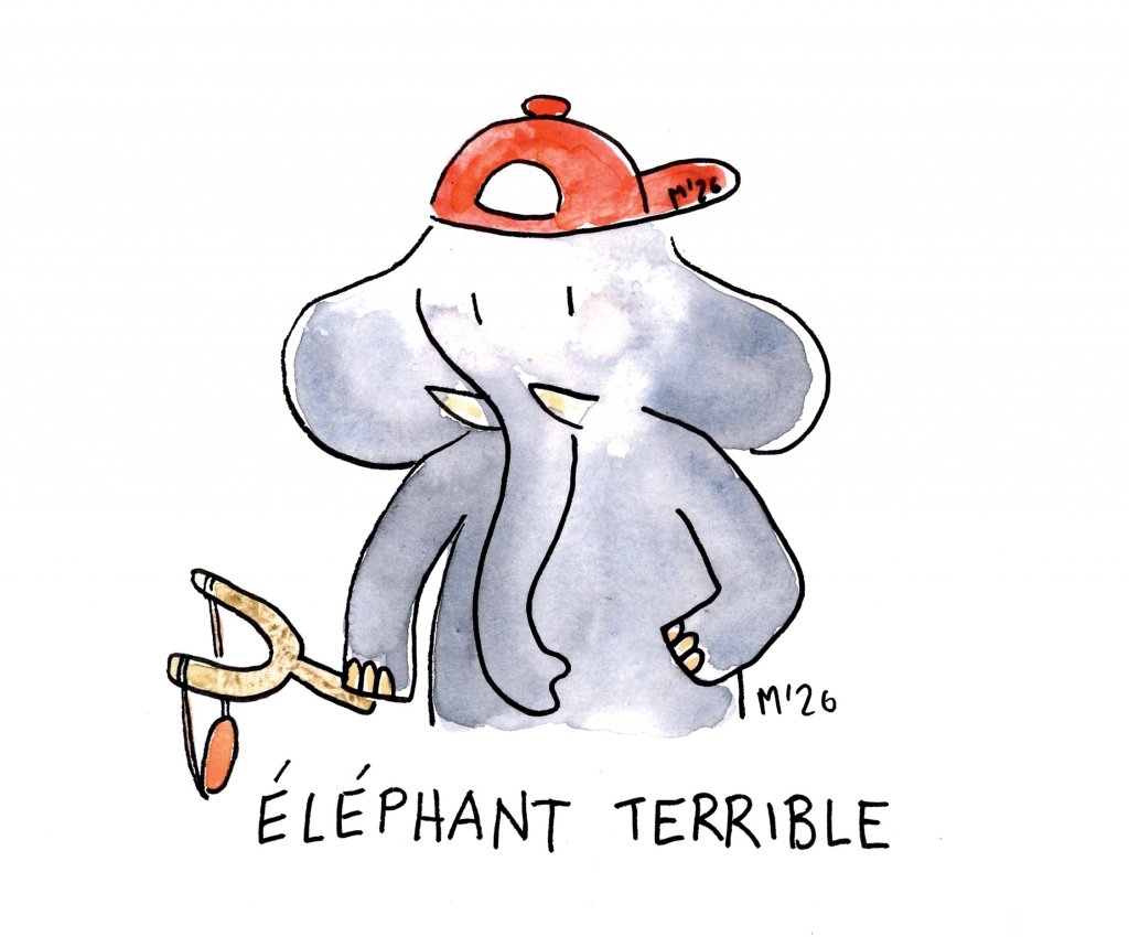 Rysunkowy słoń w czerwonej czapce z daszkiem trzyma w trąbie procę. Pod ilustracją napis: „Éléphant terrible”. (Ilustracja: Michał Rzecznik)