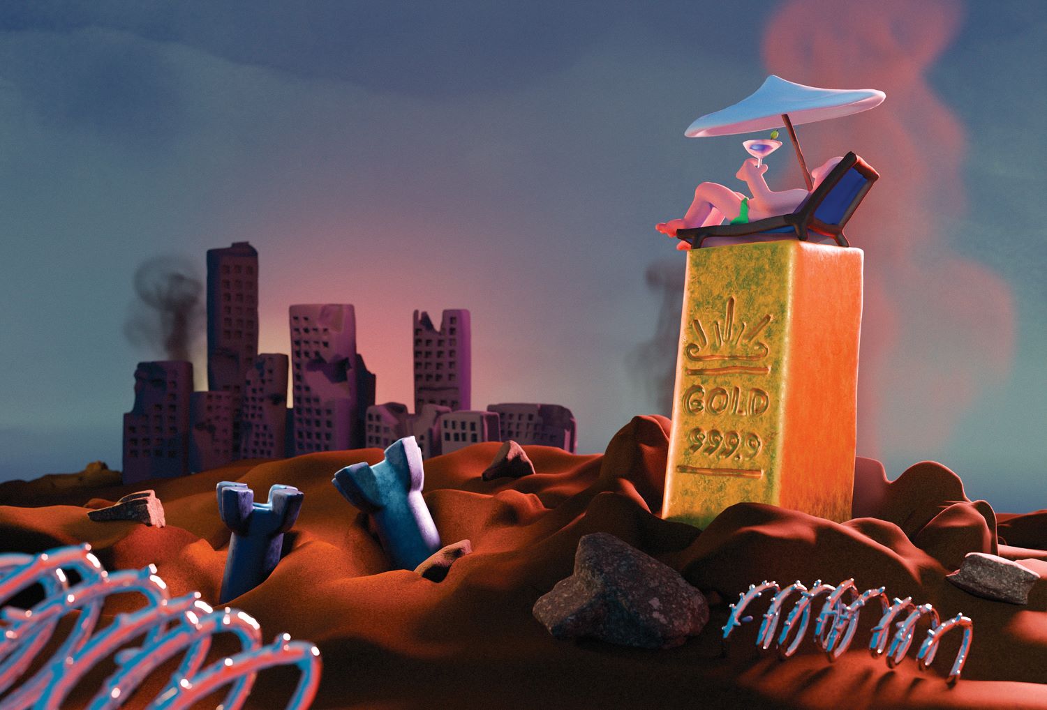 Rysunek Dominik Nawrocki: Surrealistyczna scena zniszczonego miasta. Z czerwonej ziemi wystają bomby i fragmenty gruzu, a w tle stoją uszkodzone wieżowce z dymem. Na dużej sztabce złota z napisem „Gold 999.9” leży postać odpoczywająca na leżaku pod parasolem z drinkiem w dłoni.