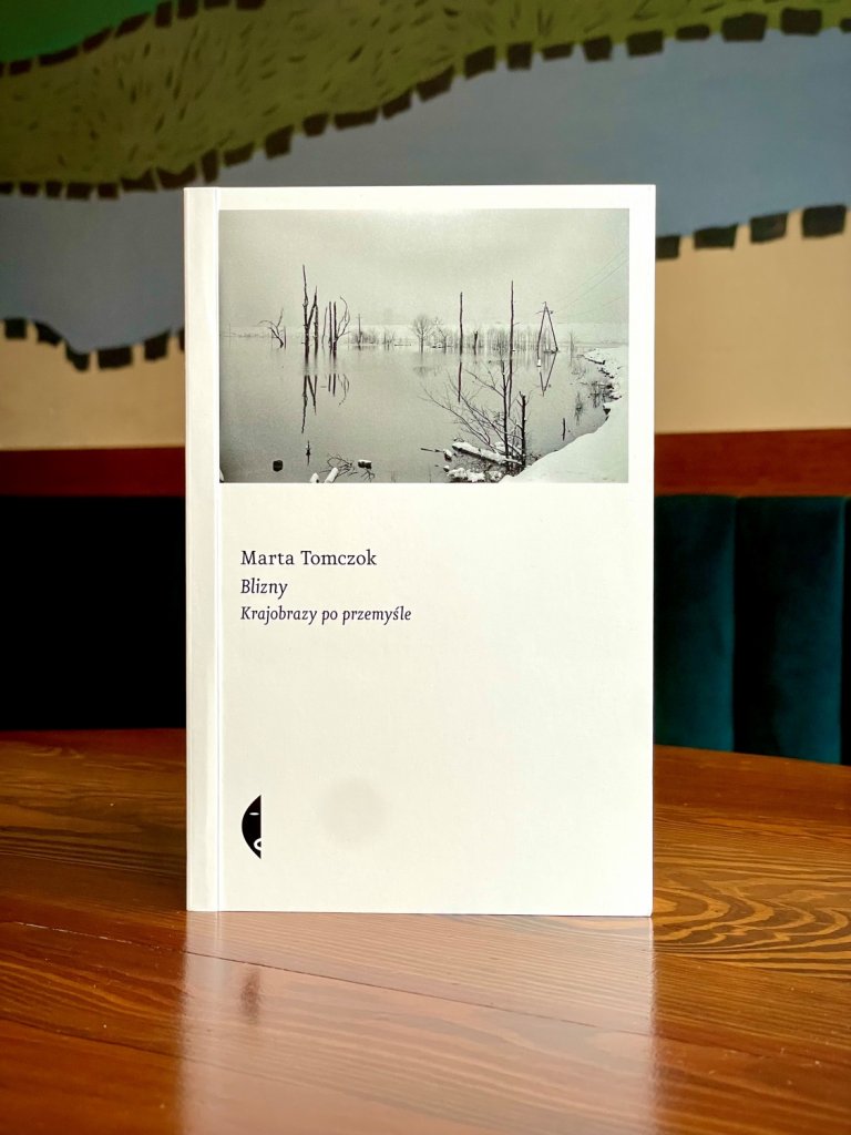 Okładka książki „Blizny. Krajobrazy po przemyśle”, autorka: Marta Tomczok, wydawnictwo Czarne; fotografia zalanego krajobrazu z drzewami.