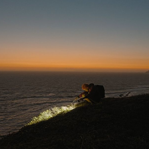 Osoba na klifie nad morzem o zachodzie słońca oświetla rośliny latarką. Film dokumentalny „The End of the Internet”, reż. Dylan Reibling, MDAG 2026.